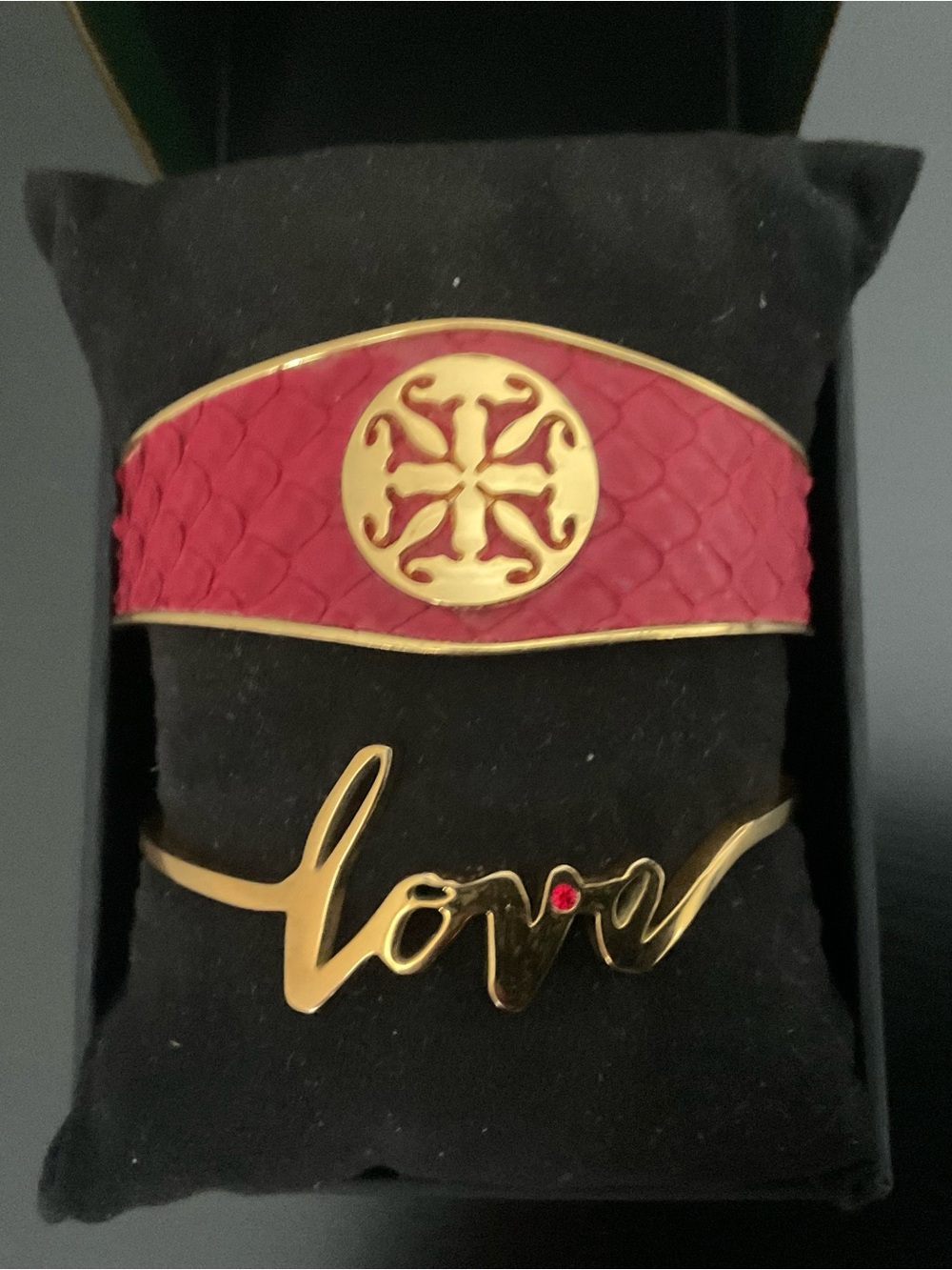 Rustic Cuff Red Python Textured Cuff & “Love”Red Rhinestone Cuff Gold Toned Set - Picture 2 of 7